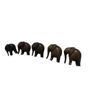 VINTAGE HAND CARVED WOODEN ELEPHANT FIGURINE FAMILY SET OF 5 IN GRADUATED SIZES